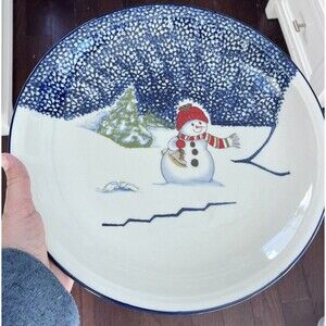 Vtg Thomson Pottery Snowman Christmas Large Serving Plate Blue Spongeware